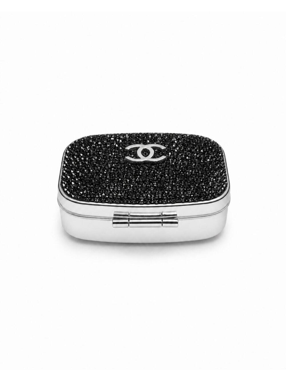 Chanel Black Crystal CC Travel Pill Case Silver Compact with Box - Picture 5 of 8